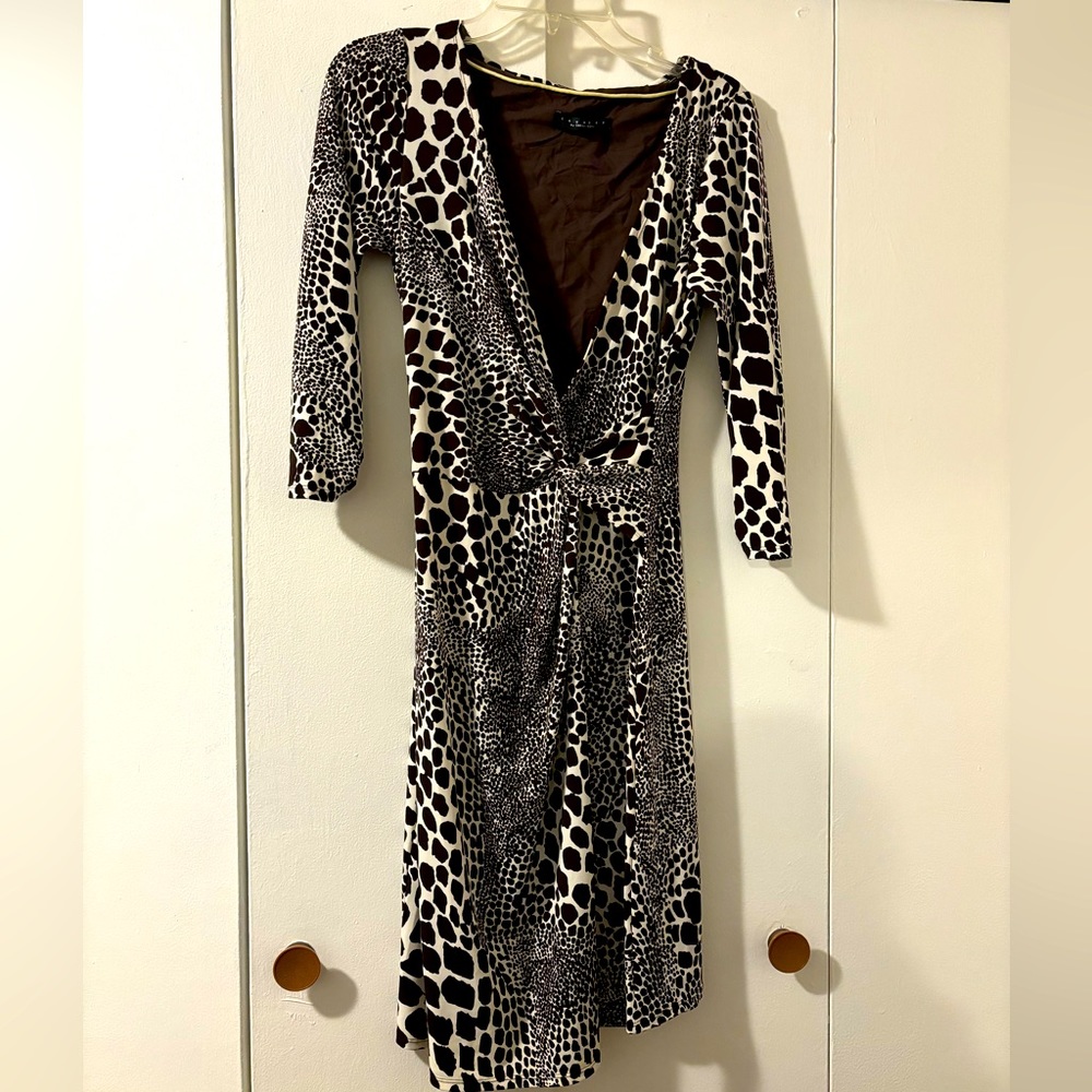 Dark brown and off-white animal print wrap dress